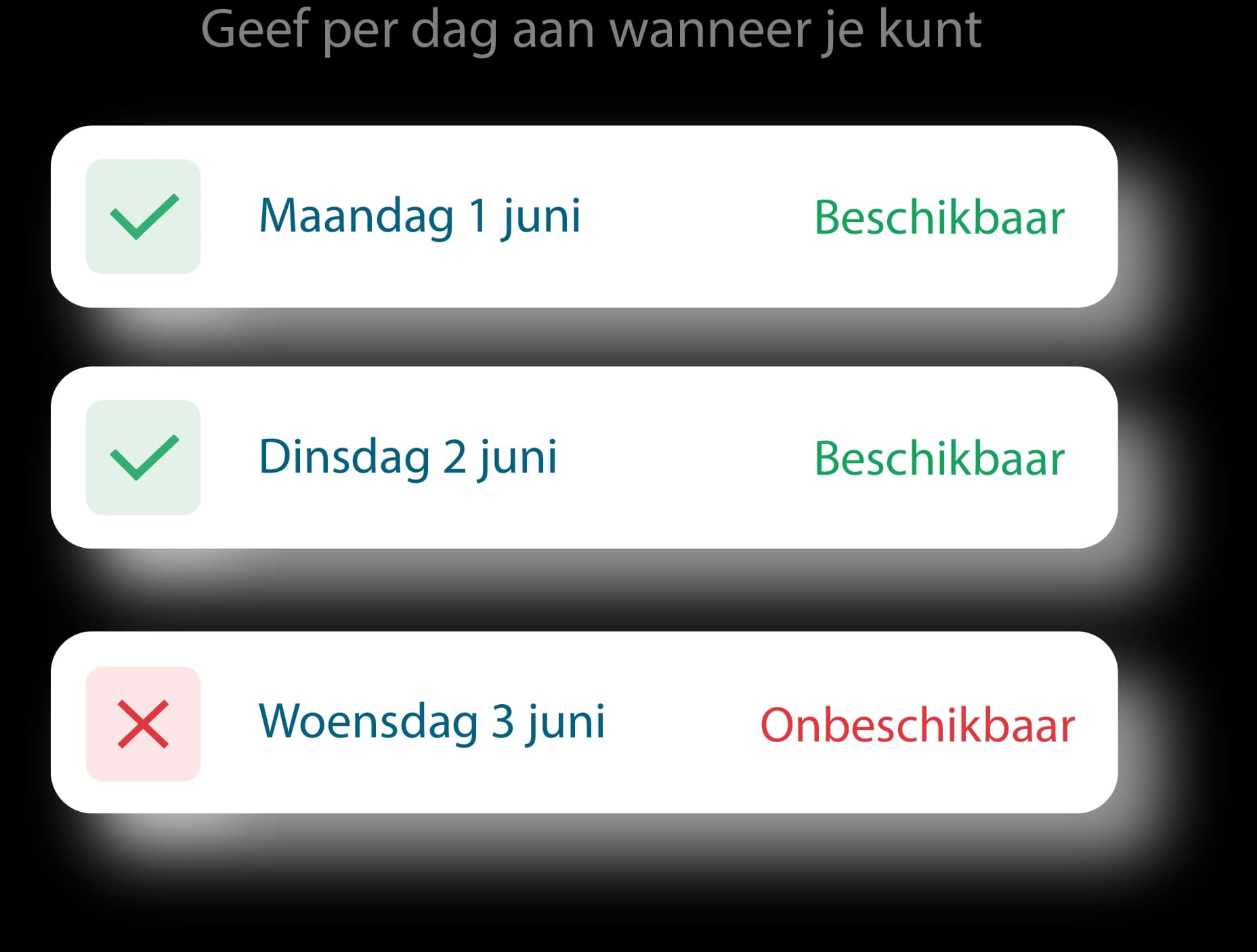 Employee indicates daily availability in the Tiemdo app: available on Monday and Tuesday, unavailable on Wednesday