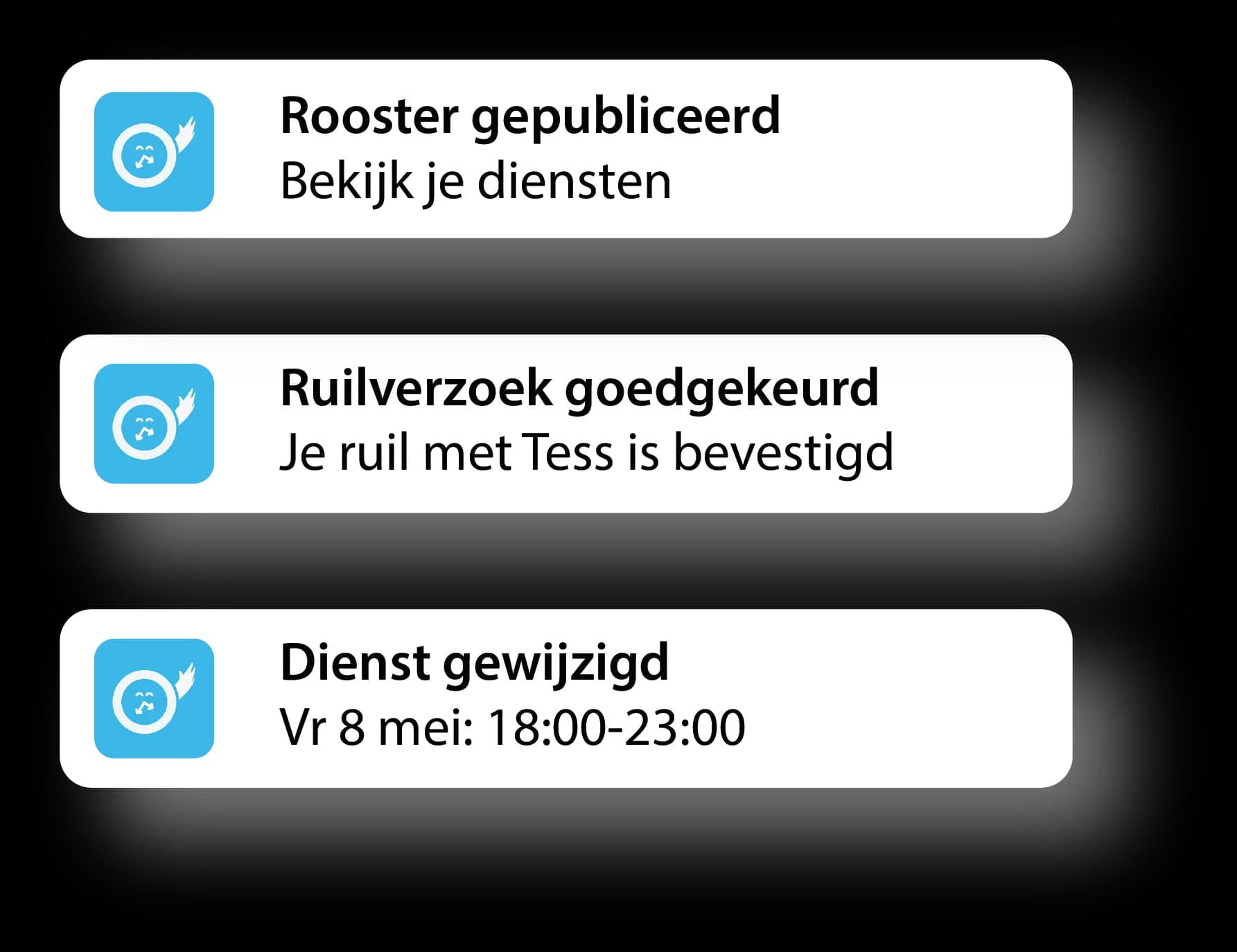 Notification in Tiemdo that a shift swap is approved and sent to manager and employees
